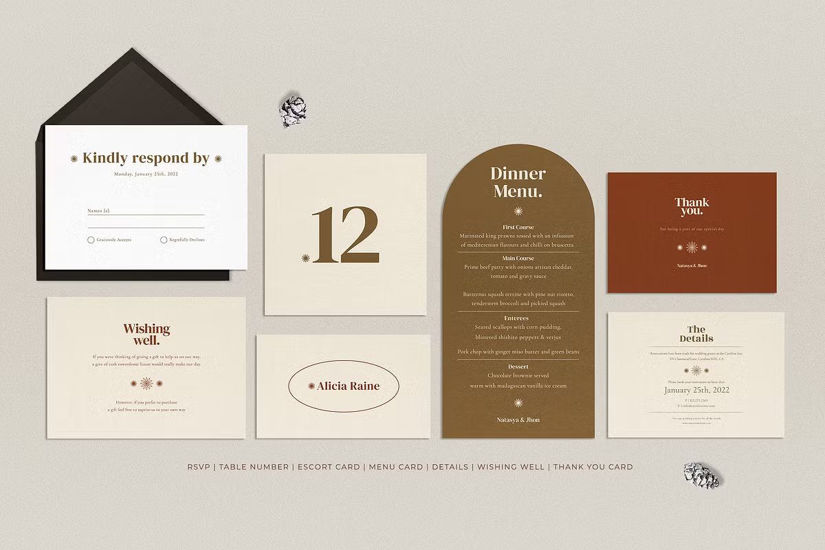 Modern Wedding Invitation Templates in Earthy Auburn and Terracotta Colors