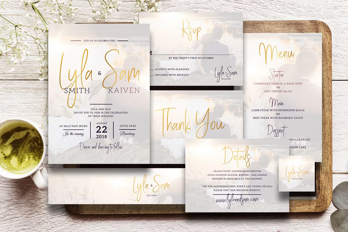 Modern luxury gold wedding invitation with watercolor background and chic gold font