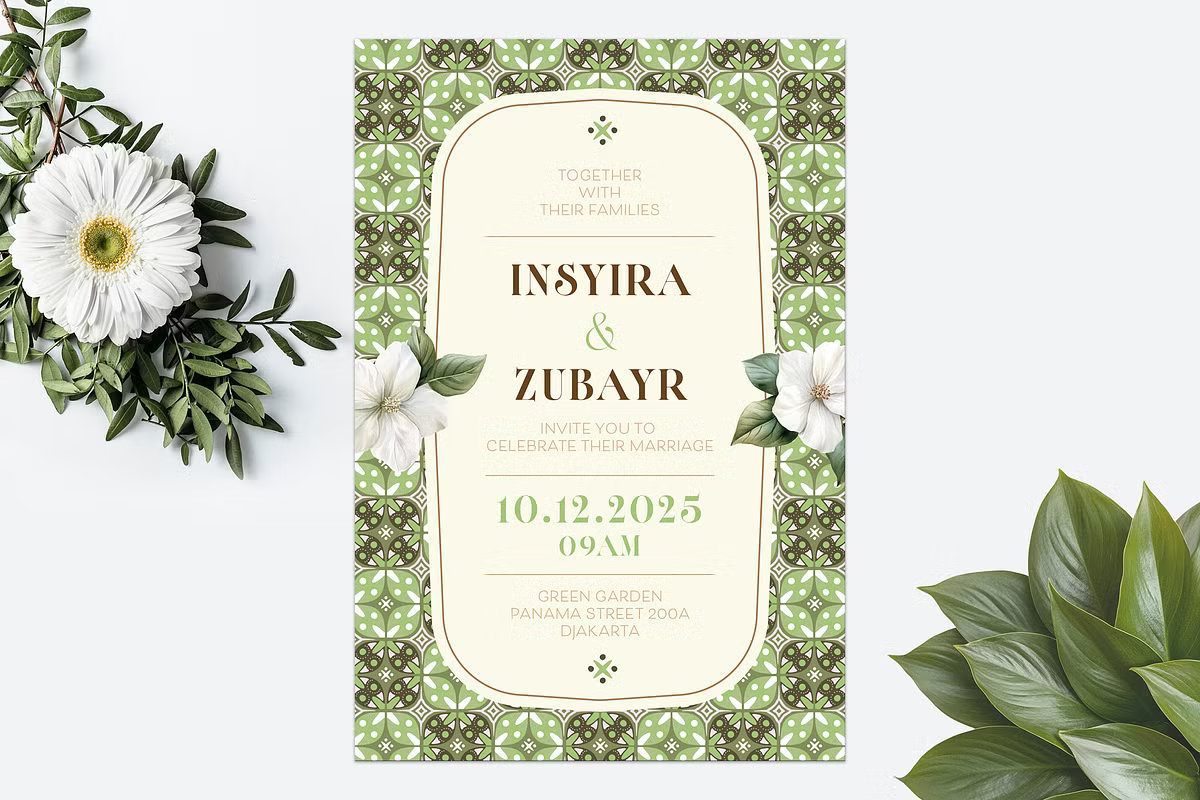 Modern ethnic wedding invitation with sage green batik patterns and floral accents