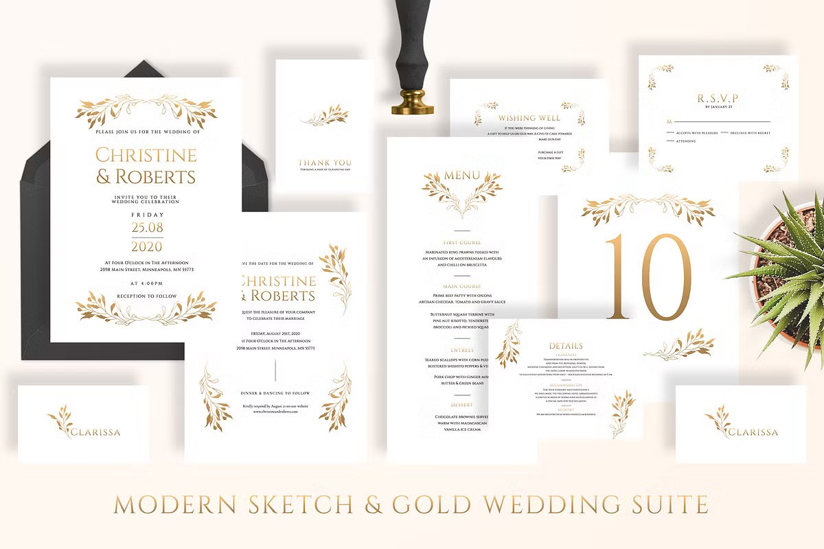 Modern sketch gold wedding invitation with floral illustrations and clean typography.