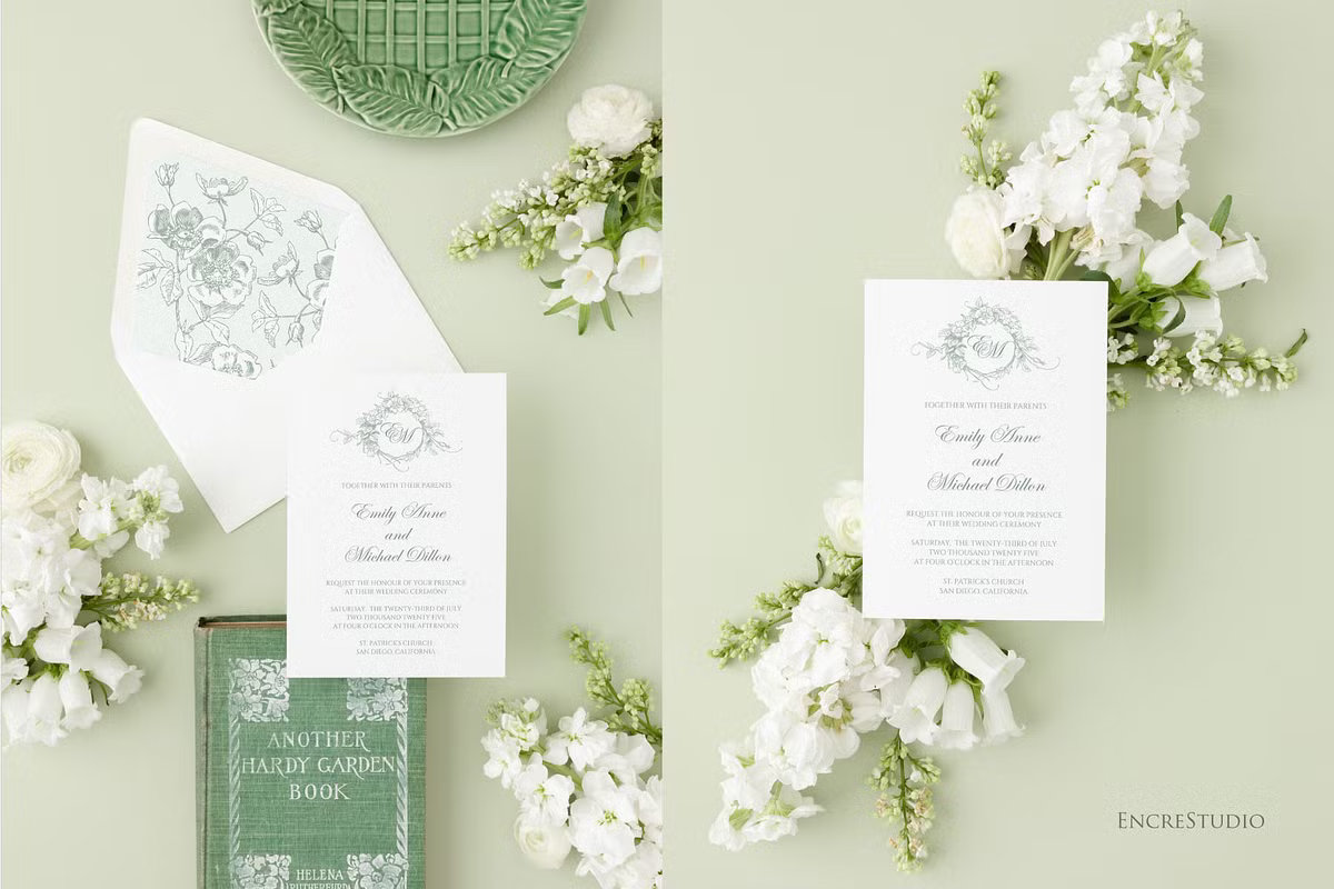 Editable sage green wedding invitation suite with roses wreath and elegant monogram calligraphy