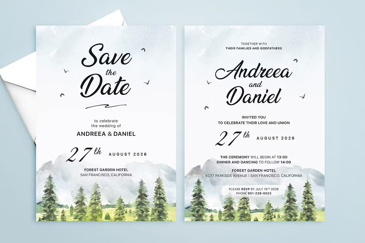 Mountain Forest Sage Green Watercolor Wedding Suite