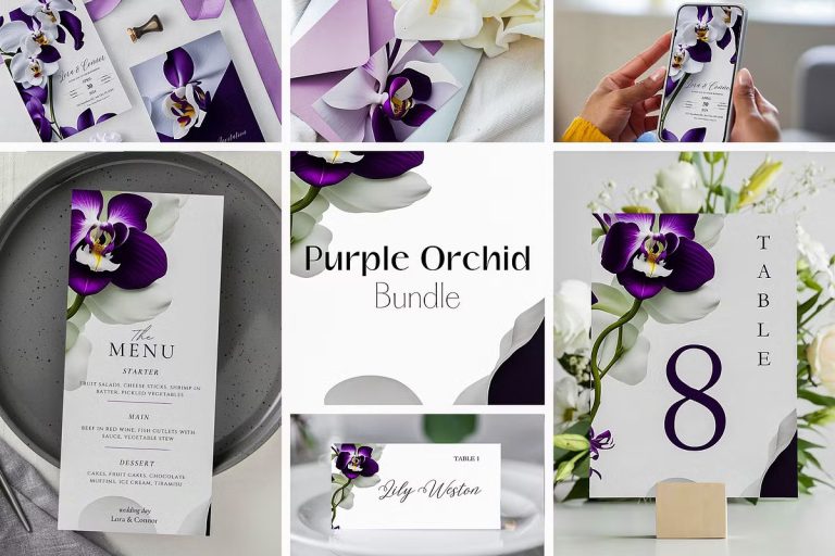 purple orchid wedding invitation suite printable floral stationery bundle elegant wedding set RSVP place cards table numbers