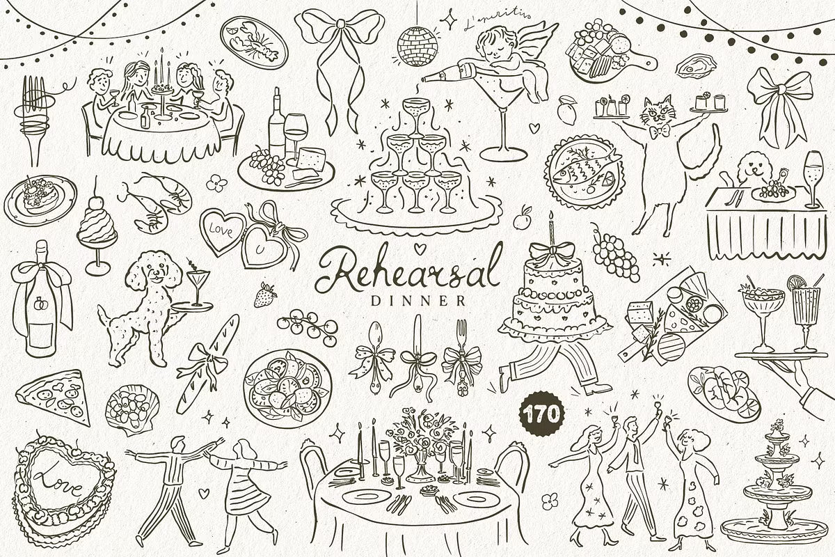 Quirky hand-drawn wedding illustrations featuring a disco ball, dancing couples, and rehearsal dinner symbols in a whimsical doodle style.