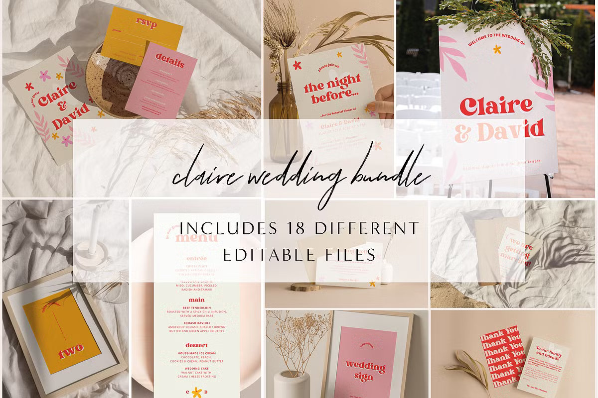 retro colorful floral wedding invitation bundle editable Canva vintage style stationery set