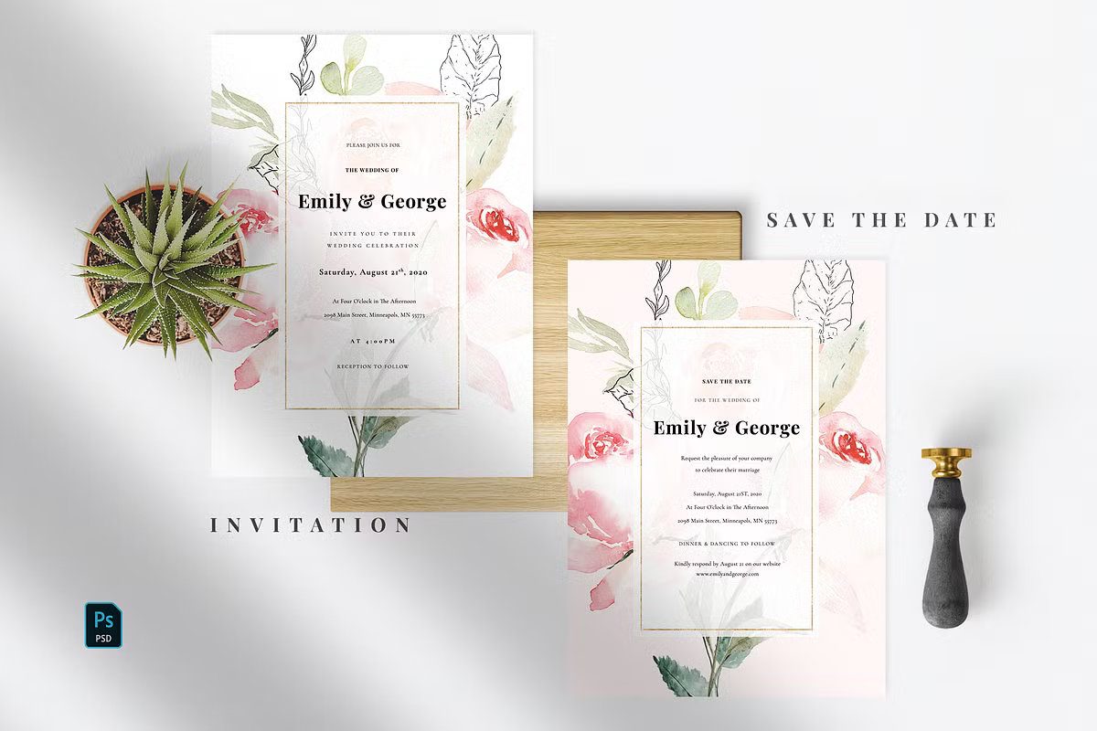 Romantic Modern Wedding Invitation Templates with Pink Watercolor Flowers and Gold Frame