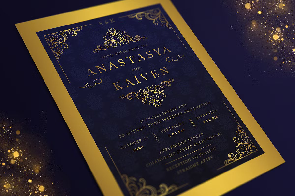 Royal navy blue and gold wedding invitation with intricate ornate borders.