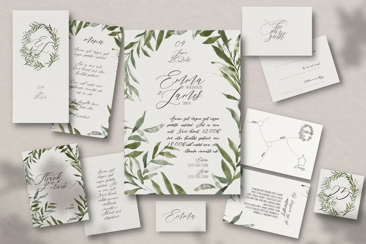 Elegant wedding invitation suite with a sage green leaf crown and sophisticated calligraphy