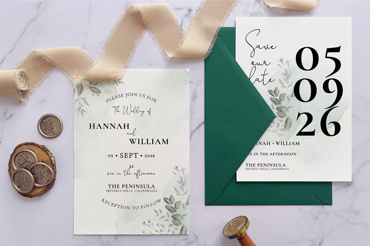 Modern wedding invitation suite with sage green watercolor leaves and bold black typography