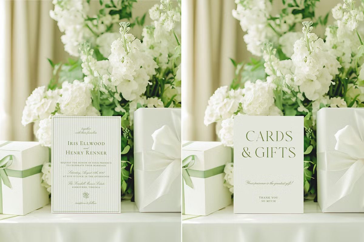 Aesthetic Sage Green wedding invitation mockup with white hydrangeas