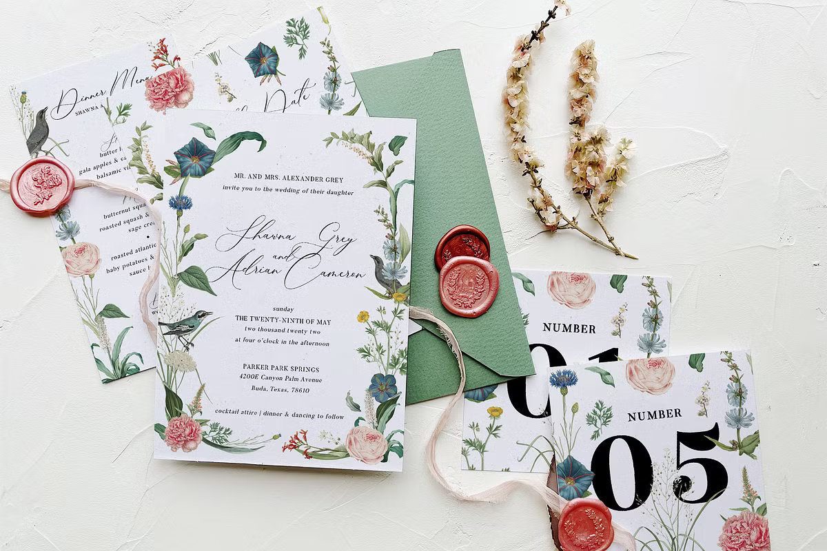 Botanical secret garden wedding invitation suite with birds, wildflowers, and sage green envelopes