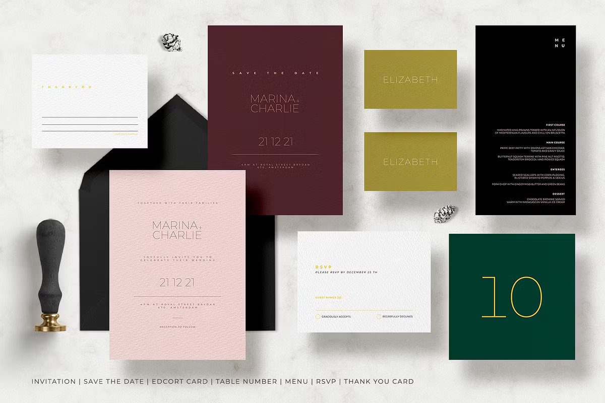 Modern Wedding Invitation Templates with Bold Dark Colors and Minimalist Layout