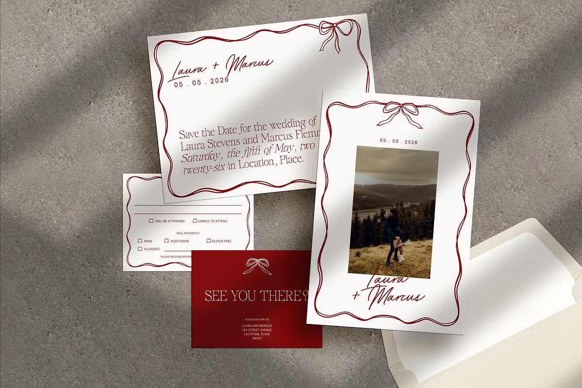 Sophisticated "Tying the Knot" wedding invitation suite with delicate aesthetic and premium stationery look, perfect for a modern wedding.