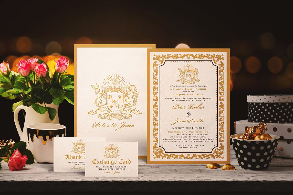 Royal crest style luxury gold wedding invitation with ornate borders.
