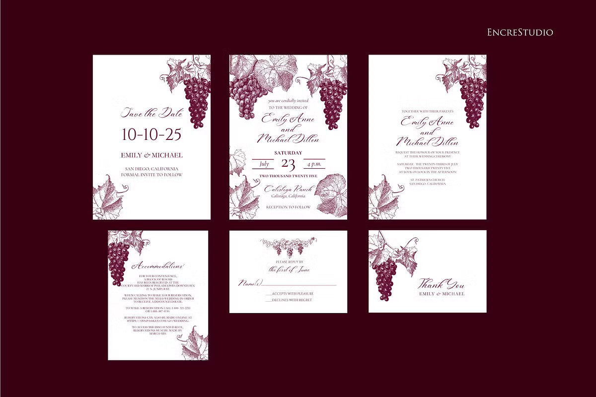 Vintage burgundy wedding invitation suite with grape illustrations and elegant Victorian typography