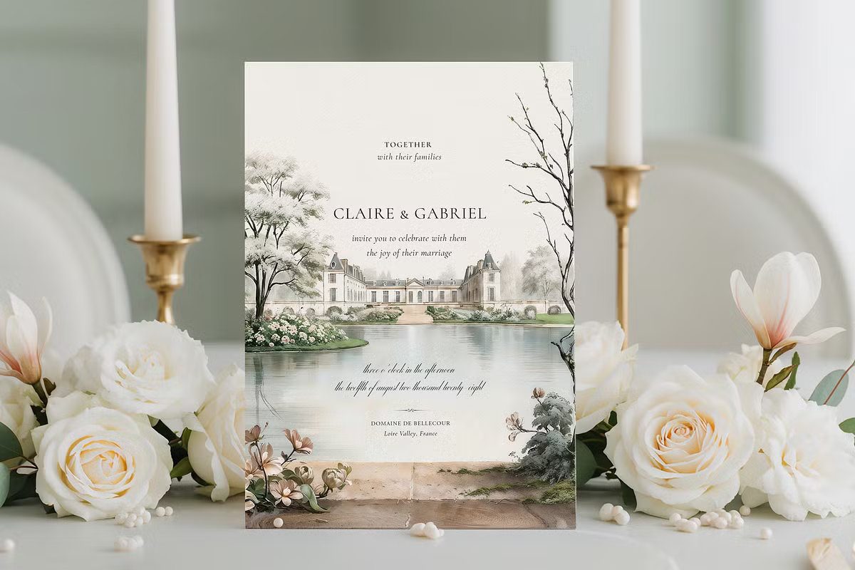 Timeless Garden French country wedding invitation with chateau landscape and floral accents