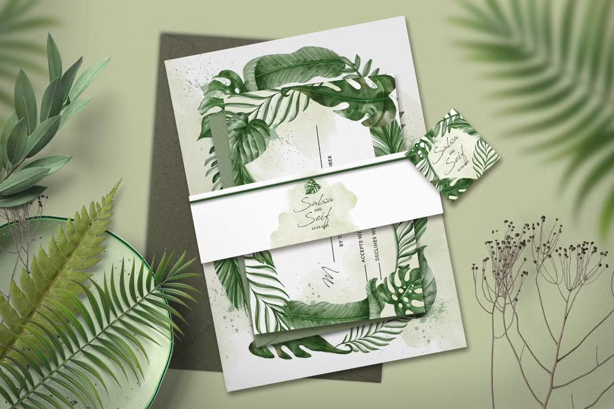 Tropical wedding invitation suite with sage green monstera leaves and palm greenery