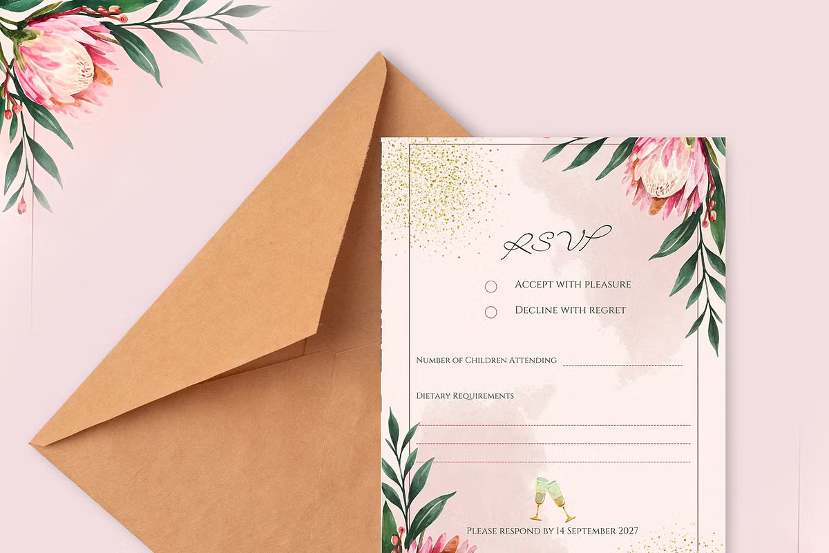 Romantic RSVP card template with pink protea flowers and green leaves. The card features gold glitter accents, elegant script typography, and a kraft paper envelope on a soft pink background.