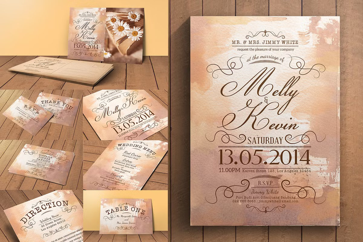 Vintage Victorian wedding invitation suite with elegant calligraphy swirls and parchment paper texture