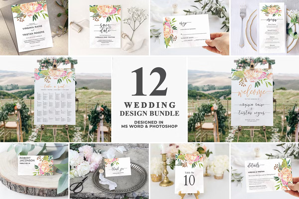 watercolor wedding invitation suite editable Canva template floral wedding stationery bundle elegant design set