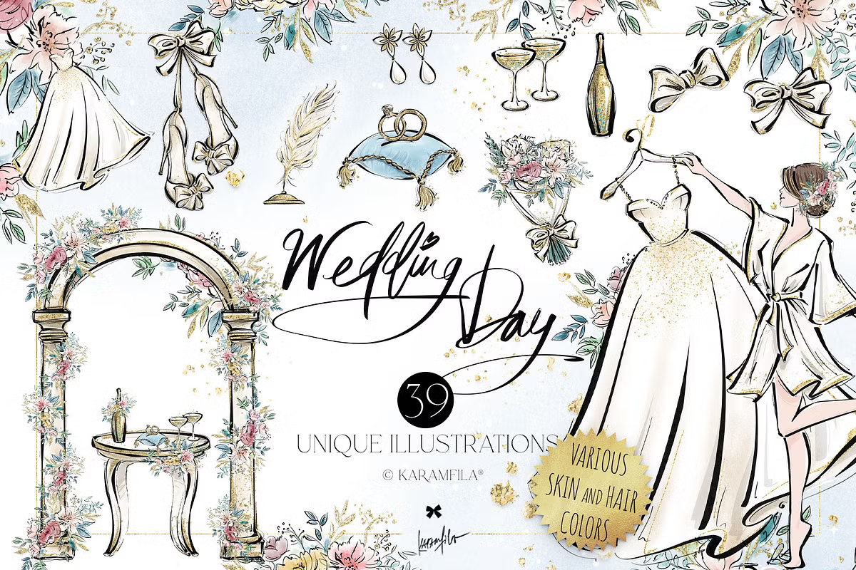 Glamorous wedding fashion illustrations featuring bridal gowns, floral arches, and designer wedding shoes.