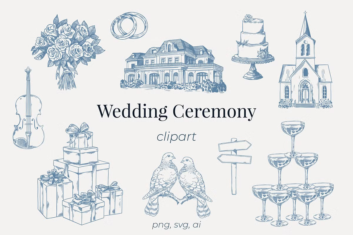 Classic blue wedding ceremony clipart featuring detailed sketches of a manor house, chapel, champagne tower, and wedding doves.