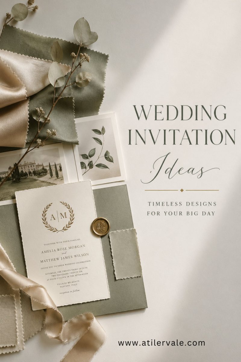 Minimalist wedding invitation suite with sage green fabric, gold wax seal, and elegant typography on handmade paper. A luxury modern wedding stationery design for 2026 trends.