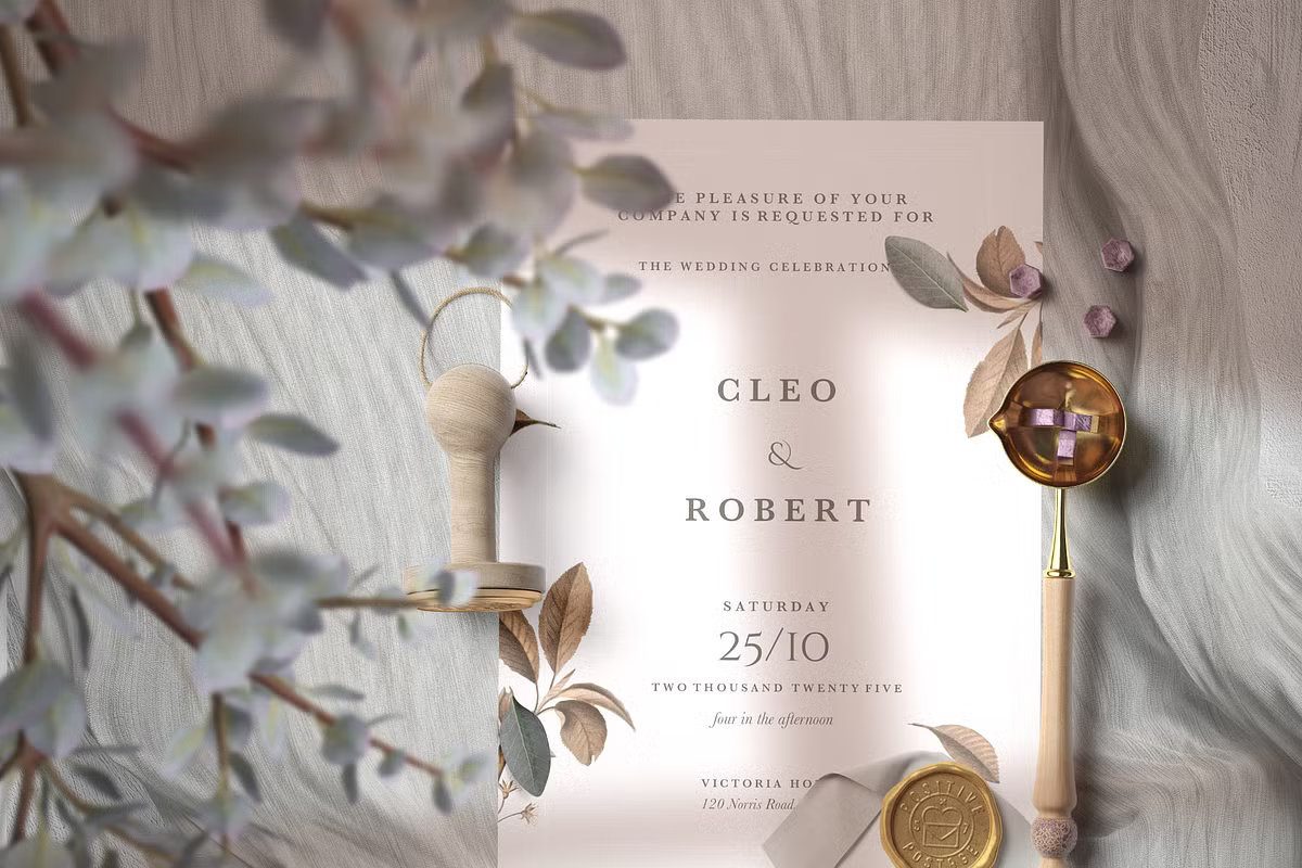 Close-up of a Botanical II wedding invitation card with elegant typography, featuring autumn leaves, a gold wax seal, and professional styling.