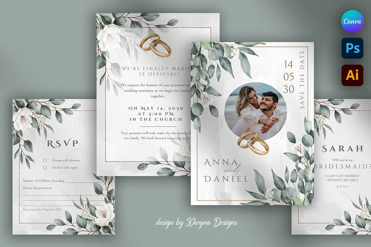 Complete botanical greenery wedding invitation suite featuring watercolor eucalyptus leaves and gold wedding rings. The collage shows a main invitation with a photo option, an RSVP card, and a bridesmaid card, all with a clean editorial layout.