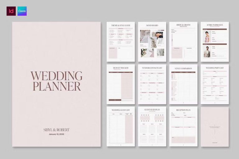 Minimalist wedding planner bundle in dusty rose and neutral tones. The template collection includes a mood board, budget tracker, guest list, and venue comparison sheets. Professional editorial design for 2026 wedding planning.