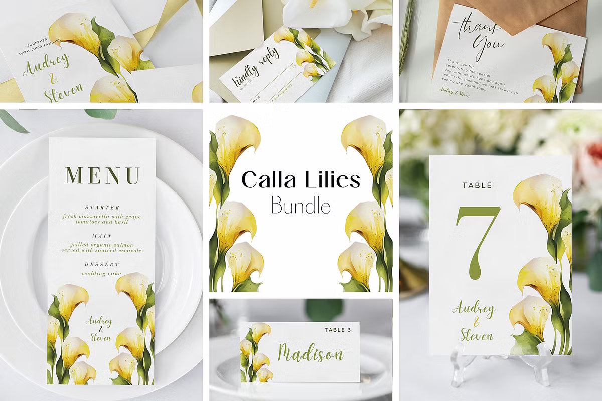 calla lilies wedding invitation suite floral printable wedding stationery elegant romantic design set