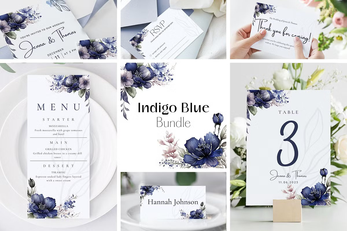 indigo blue wedding invitation suite printable stationery elegant formal wedding set RSVP details cards