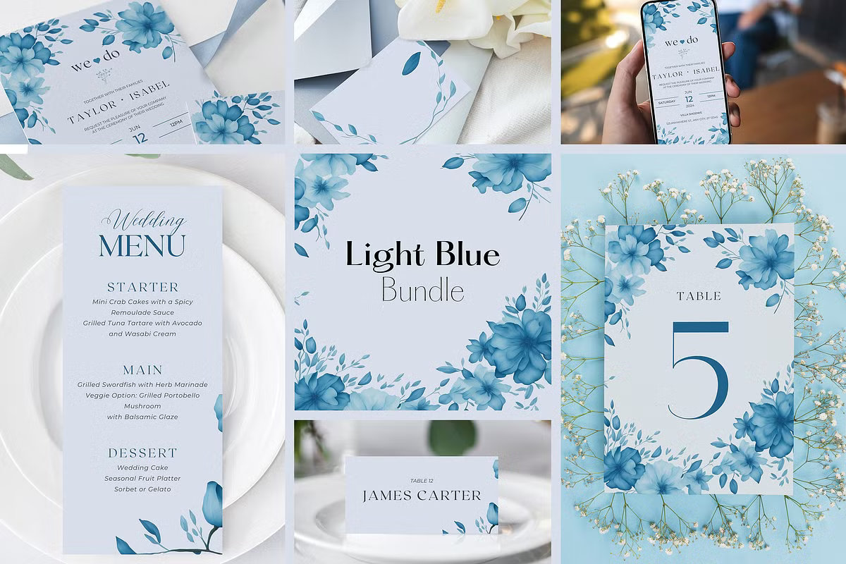 indigo blue wedding invitation suite printable stationery elegant formal wedding set RSVP details cards