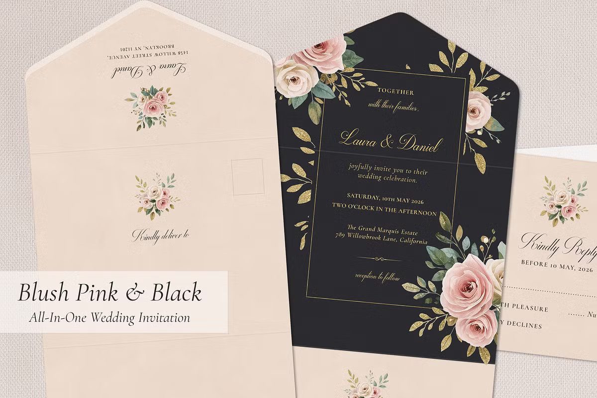 Blush Pink and Black all-in-one French Chateau wedding invitation template
