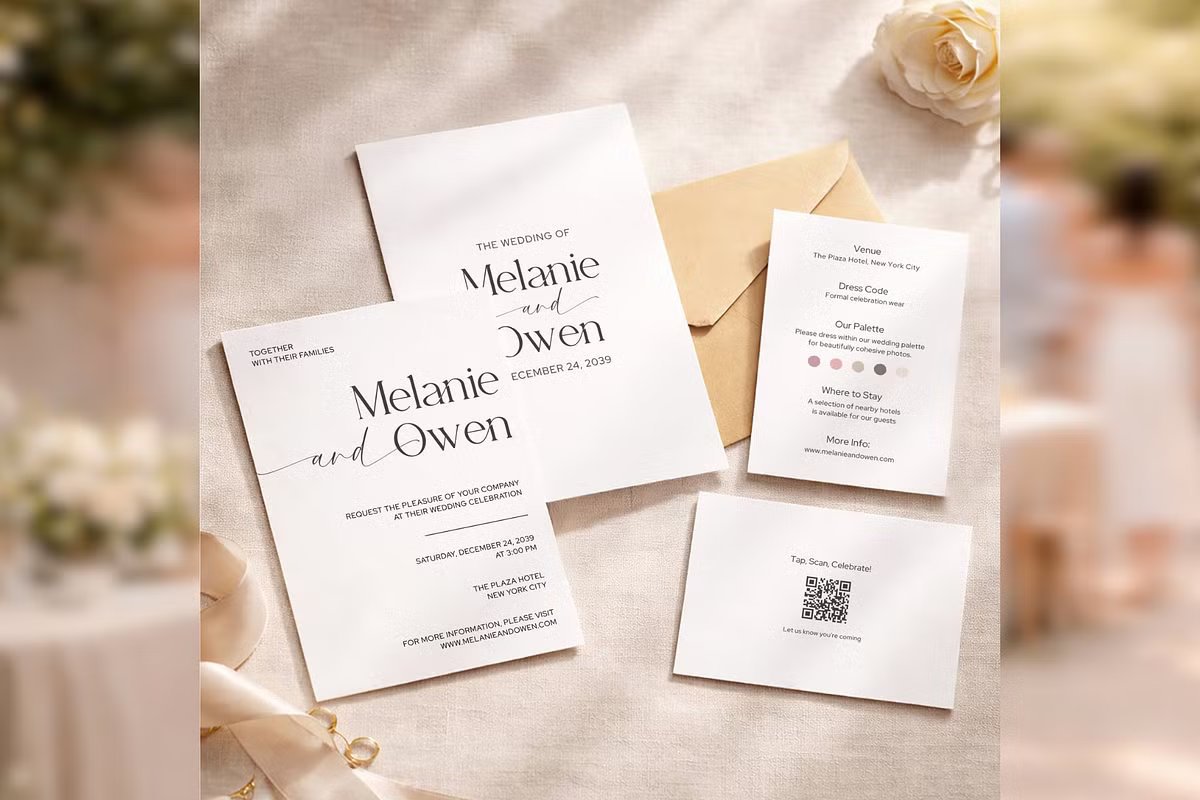 Elegant minimalist wedding invitation suite featuring sophisticated serif typography, clear visual hierarchy, and a modern QR code details card