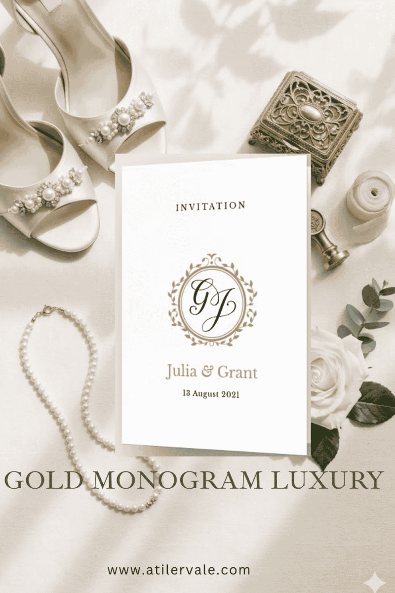 A luxury wedding invitation design featuring a prominent gold monogram, elegant Victorian-style borders, and premium typography on a clean background