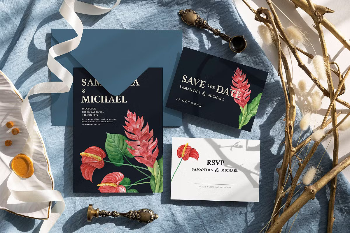Zincite wedding invitation suite featuring moody indigo watercolor, tropical botanicals, and slate blue envelopes