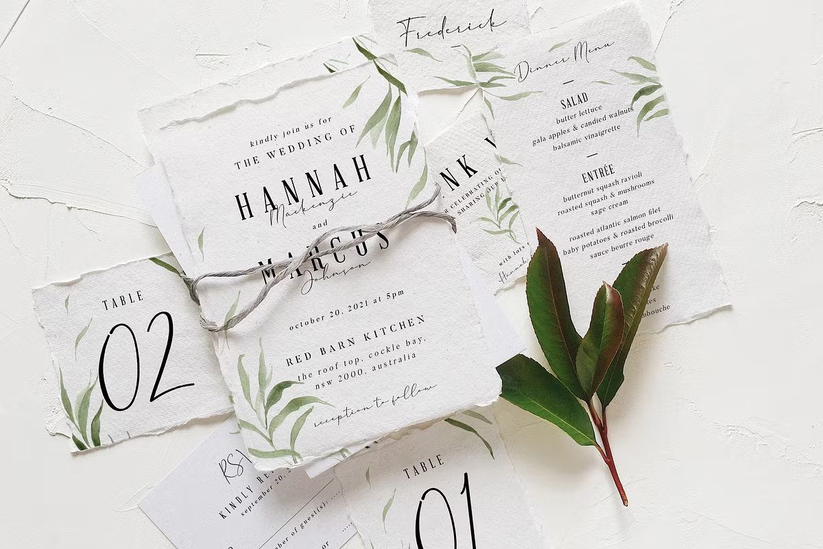 Handmade style wedding invitation suite with dusty sage green leaves and deckle edge paper