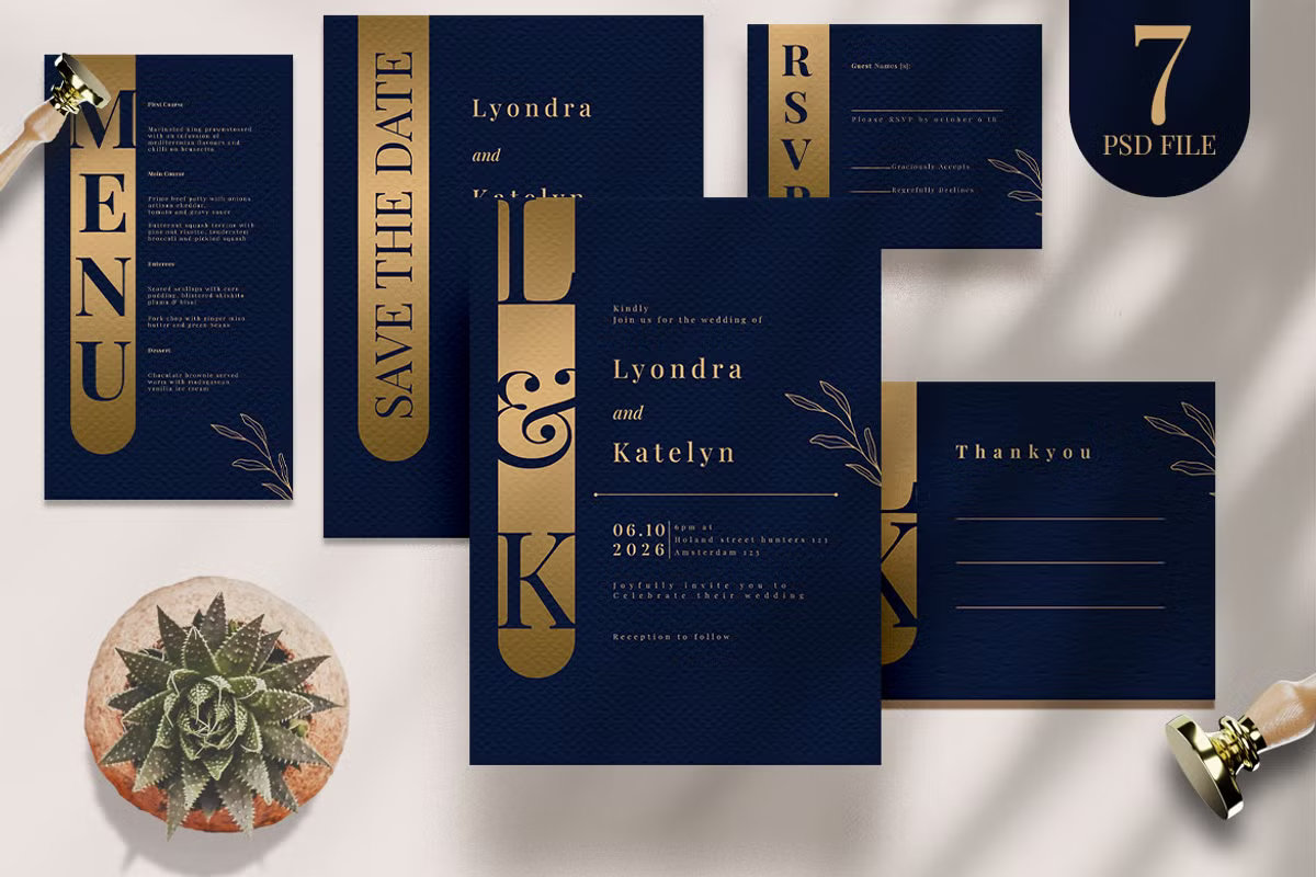 Comprehensive minimalist wedding invitation suite with matching RSVP and details cards.