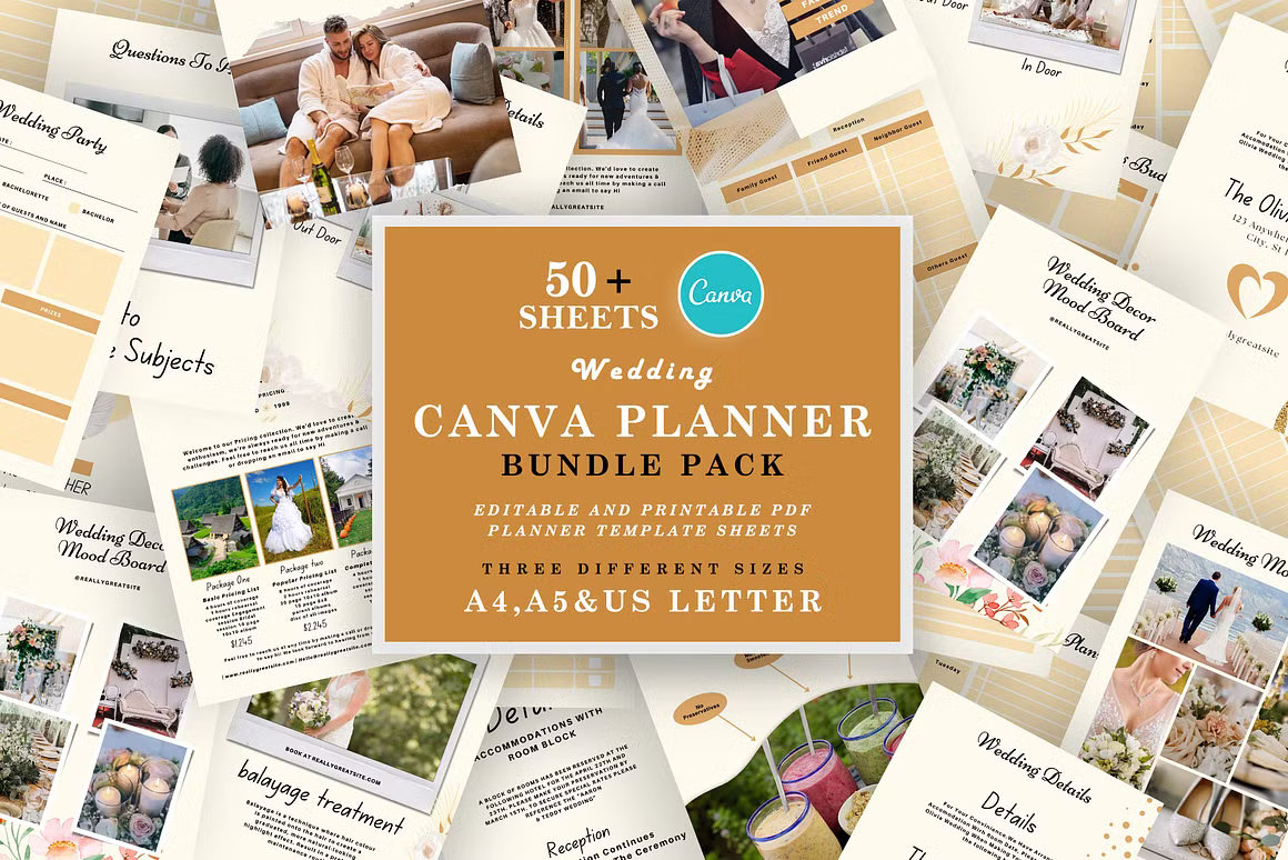 This Editable 50+ Page Wedding Planner. Template has everything you need to get started! Choose from Canva template pages to quickly and easily create your planner. You can add your own personal touch by changing the colors, fonts, layouts, images, and backgrounds. Everything is customizable with Canva's simple drag and drop interface.
