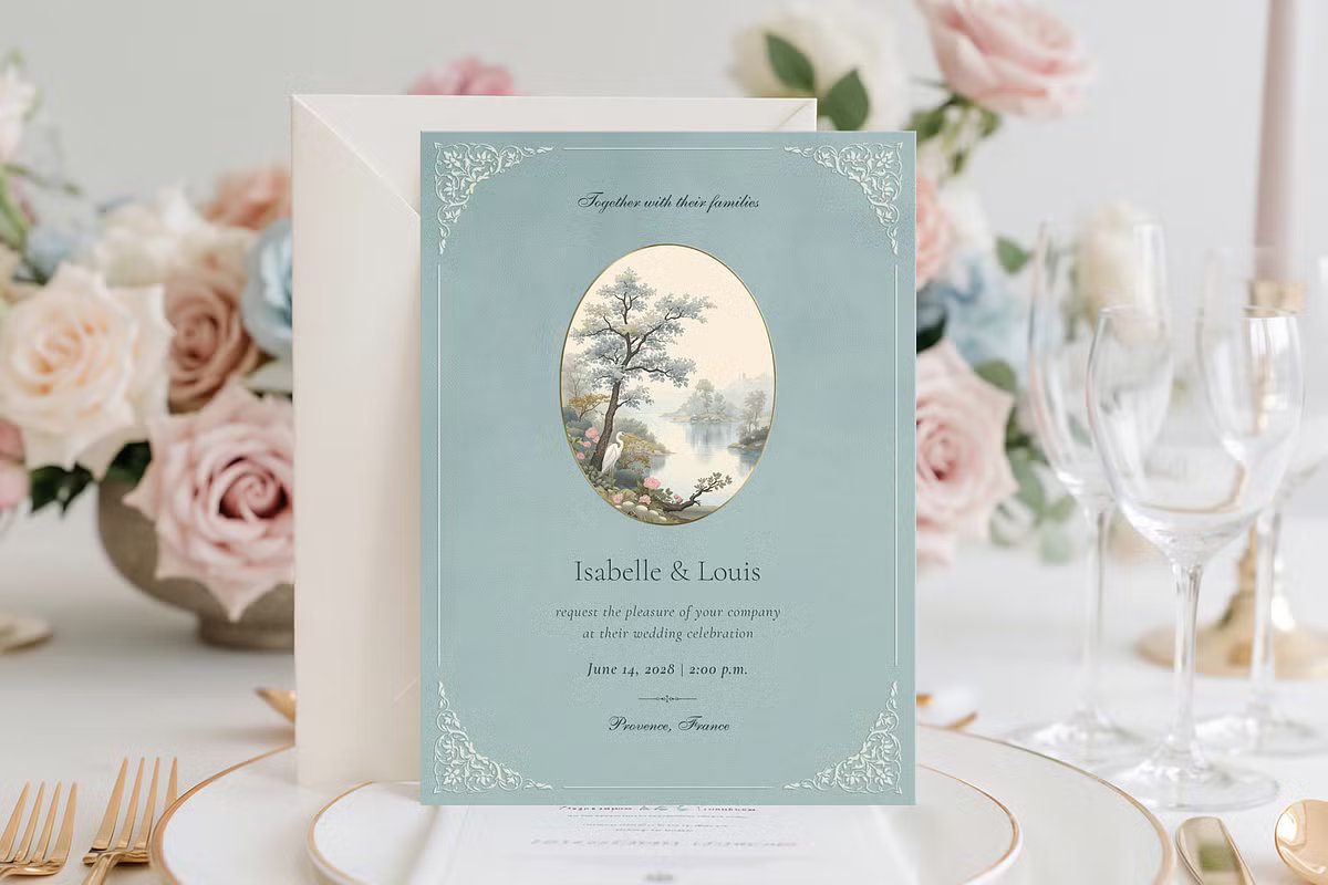 Blue Heron romantic wedding invitation in dusty blue with oval landscape illustration