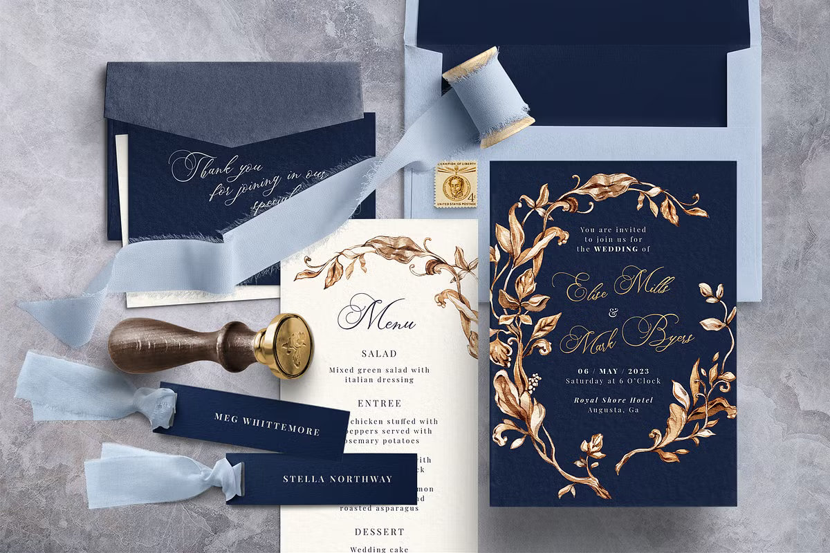 Luxury navy blue and gold wedding invitation suite with hand-painted watercolor wreath and wax seal