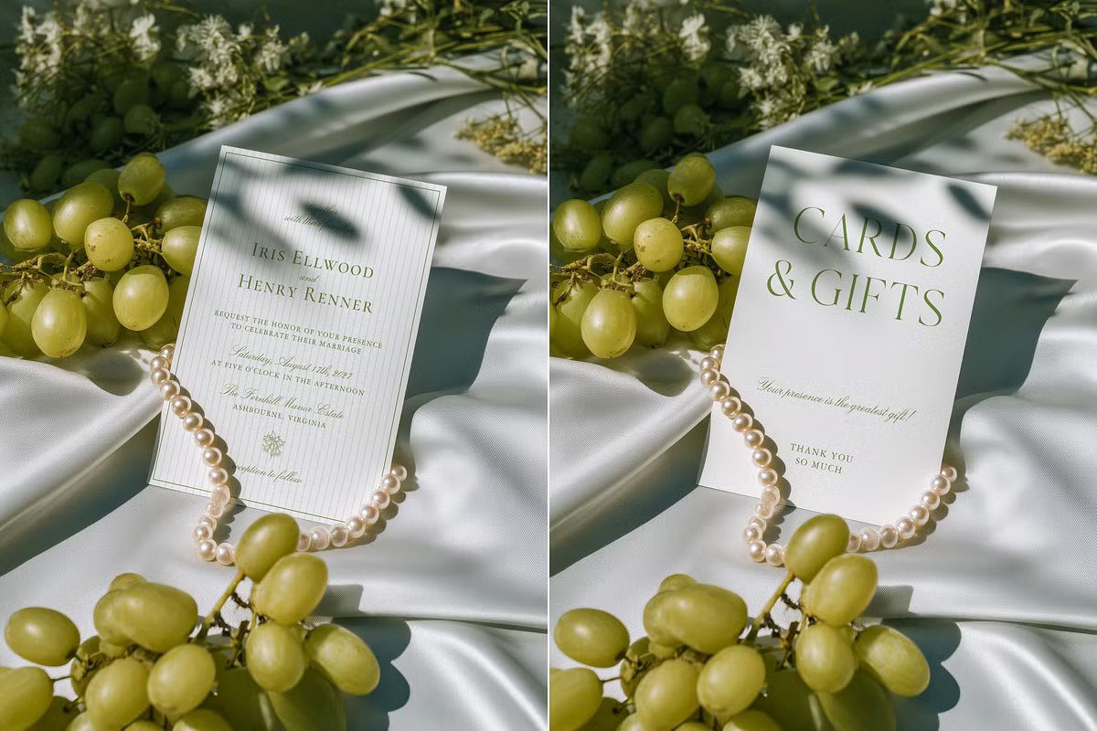 Sunlit 5x7 wedding invitation mockup with grapes and pearls in a soft sage green garden setting
