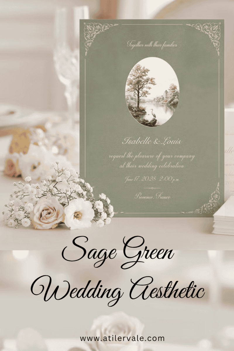 A dusty sage green wedding invitation with a delicate oval heron illustration, elegant script typography, and white floral decorations on a neutral background