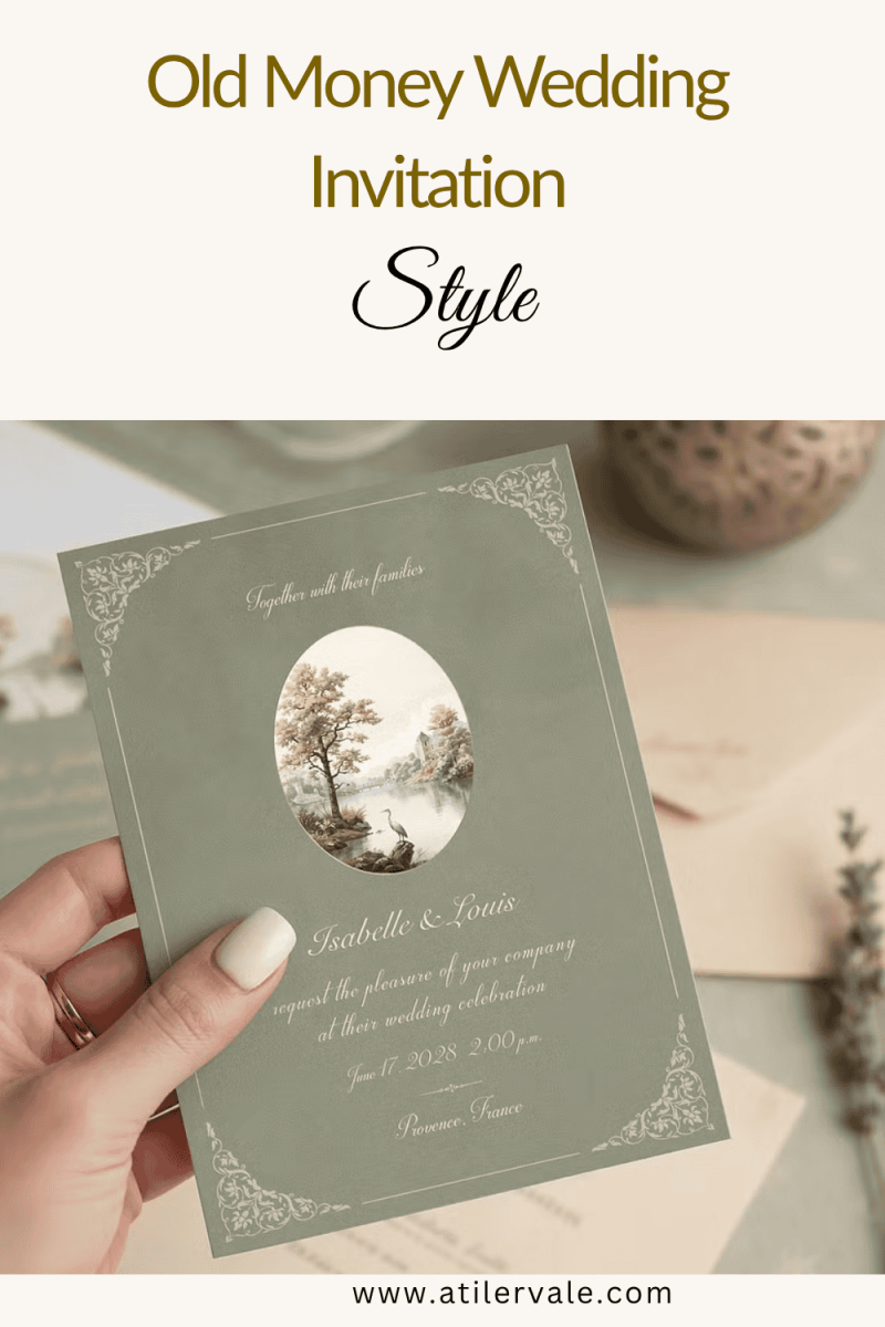 Elegant wedding invitation featuring a soft illustration of a French countryside chateau, classic serif typography, and a minimalist luxury layout.