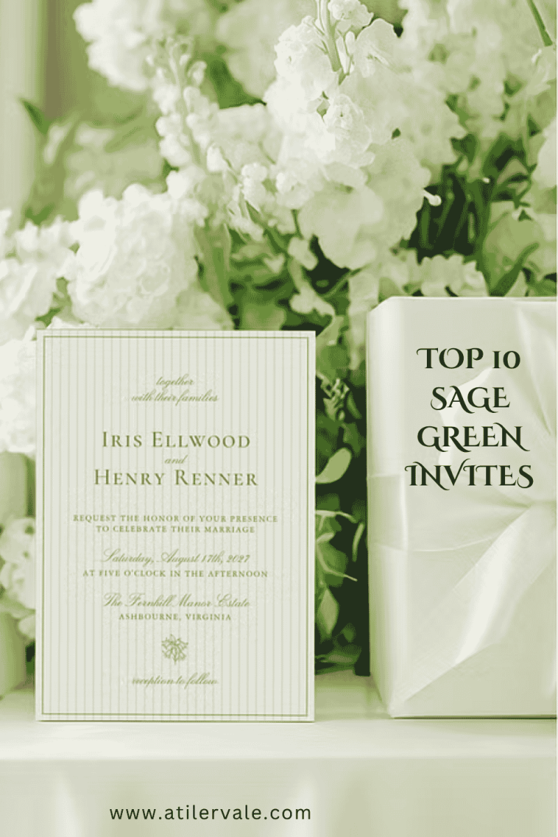 A minimalist sage green wedding invitation with a classic pinstripe pattern and elegant serif typography, styled with white flowers and a luxury gift box. Perfect for the 2026 old money wedding aesthetic and modern stationery trends.