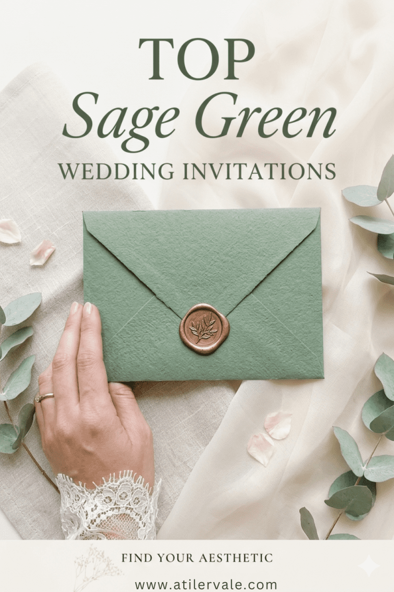 Close-up of a bride holding a sage green envelope with a gold wax seal and olive branch imprint