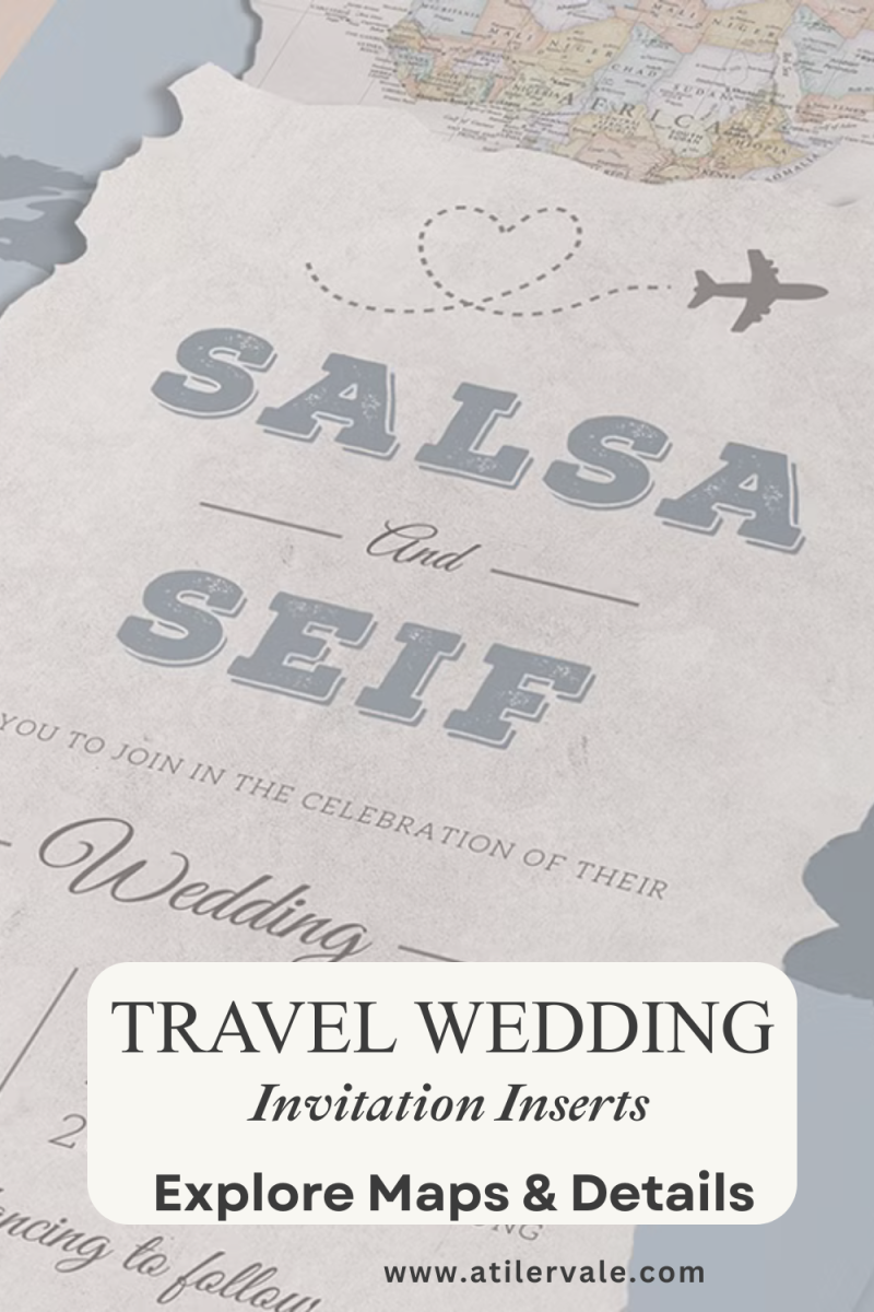 A detailed view of a custom travel wedding invitation insert for Salsa and Seif with a world map background and a flight path heart graphic. Below is a call to action to "Explore Maps & Details
