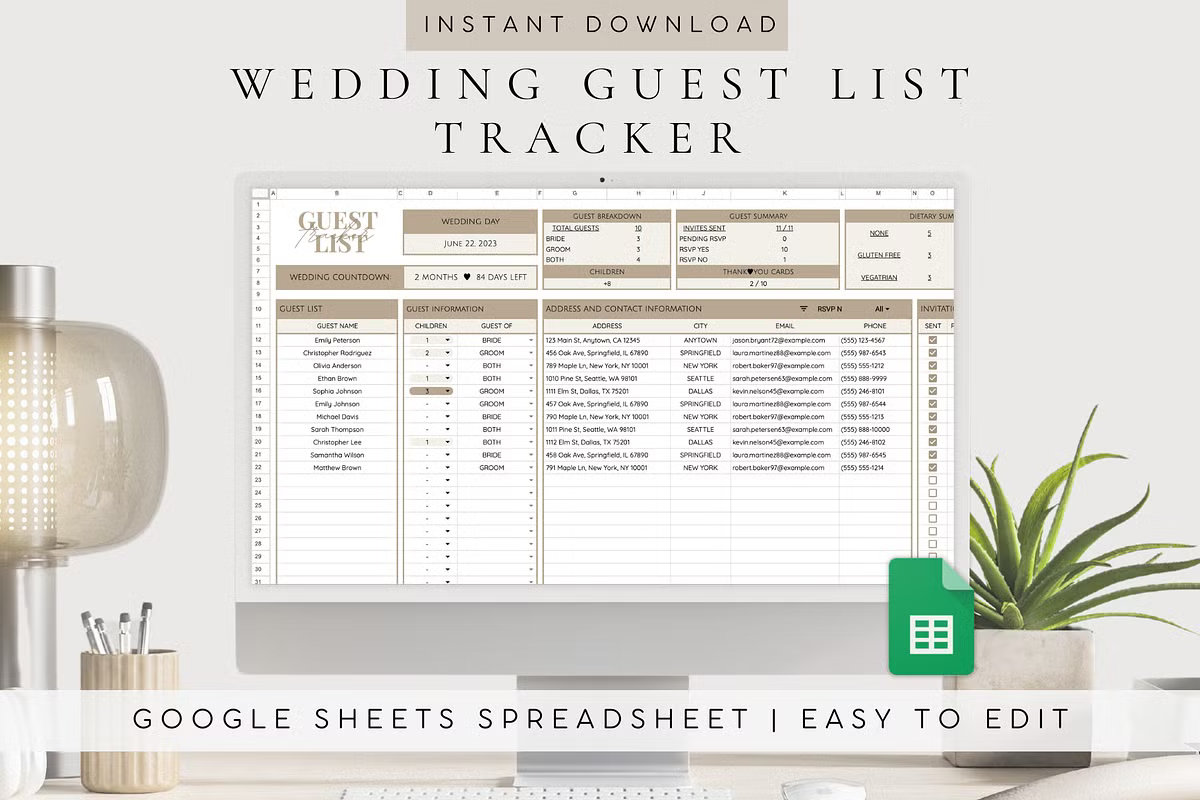 120-page wedding checklist planner template with floral borders. The image shows a printable PDF design featuring ceremony and reception decoration trackers with a clean, professional layout.