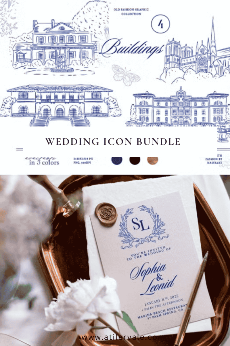 A variety of wedding graphics including green and gold venue sketches, blue vintage frames with bows, and elegant crests. The images showcase different ways to use icons for a cohesive wedding brand.